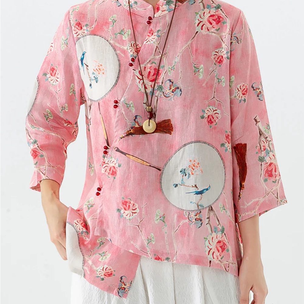 Buykud pink floral Asian-inspired 100% linen top, size Large
